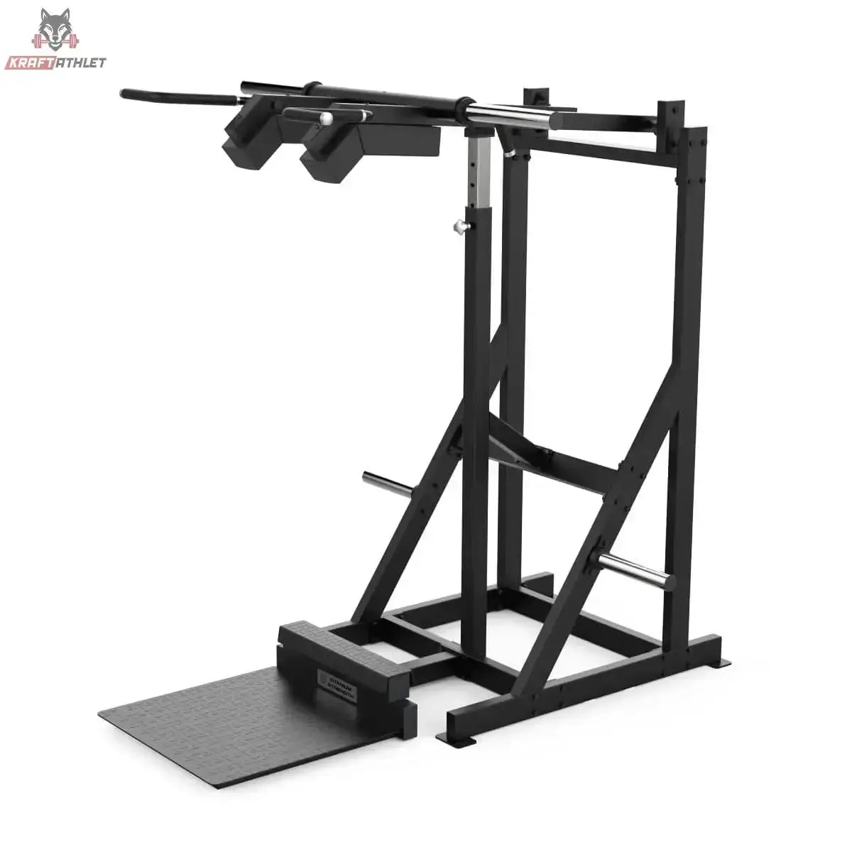 Titanium Strength Elite Series Viking Press und Stehender Wadenheber in Schrägansicht von rechts mit Bodenplatte und Schulterpolstern