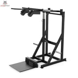 Titanium Strength Elite Series Viking Press und Stehender Wadenheber in Schrägansicht von rechts mit Bodenplatte und Schulterpolstern