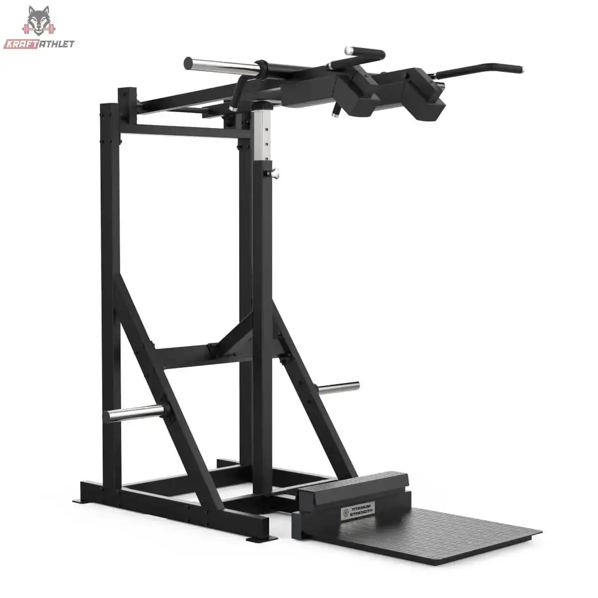 Titanium Strength Elite Series Viking Press und Stehender Wadenheber in Schrägansicht mit Viking-Griffen, Bodenplatte und Wadenblock