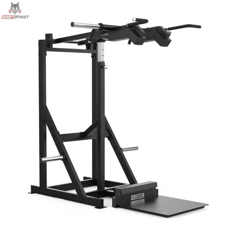 Titanium Strength Elite Series Viking Press und Stehender Wadenheber in Schrägansicht mit Viking-Griffen, Bodenplatte und Wadenblock