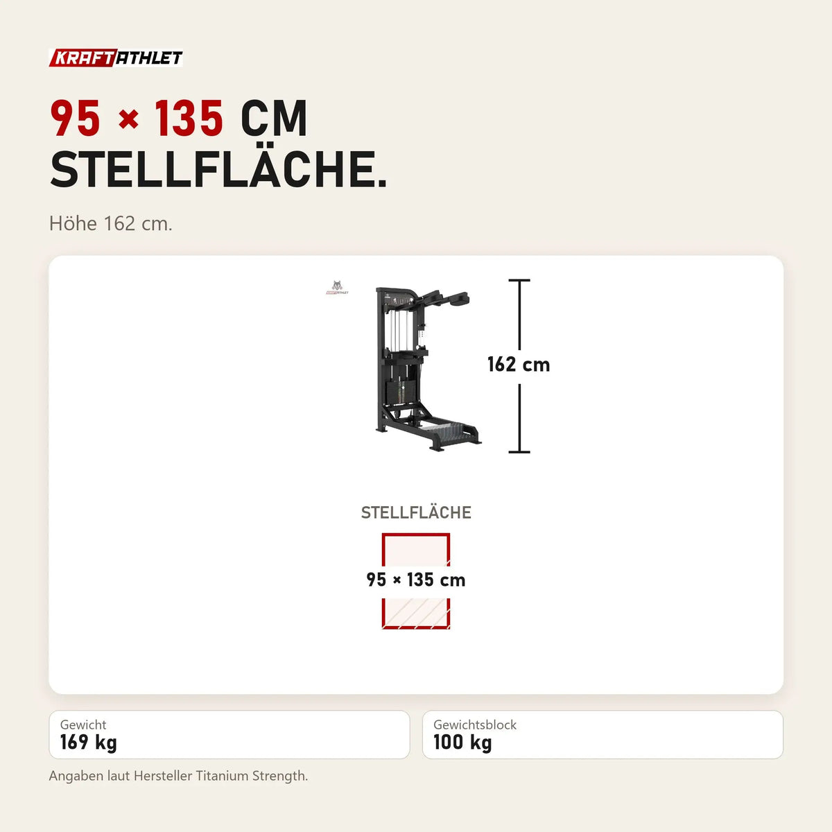 Maßbild Titanium Strength Elite Series Wadenmaschine Stehend: Stellfläche 95 × 135 cm, Höhe 162 cm