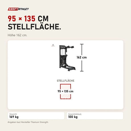 Maßbild Titanium Strength Elite Series Wadenmaschine Stehend: Stellfläche 95 × 135 cm, Höhe 162 cm