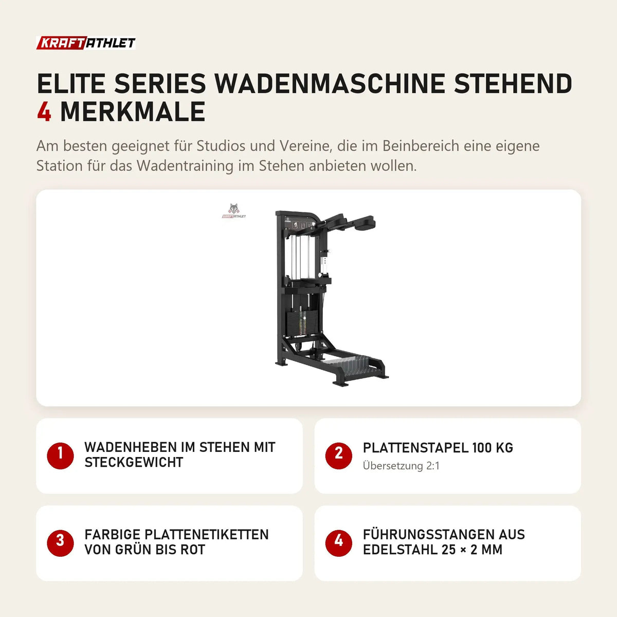 Titanium Strength Elite Series Wadenmaschine Stehend mit 4 Merkmalen: Wadenheben im Stehen mit Steckgewicht, Plattenstapel 100 kg, Farbige Plattenetiketten von Grün bis Rot, Führungsstangen aus Edelstahl 25 × 2 mm