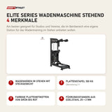 Titanium Strength Elite Series Wadenmaschine Stehend mit 4 Merkmalen: Wadenheben im Stehen mit Steckgewicht, Plattenstapel 100 kg, Farbige Plattenetiketten von Grün bis Rot, Führungsstangen aus Edelstahl 25 × 2 mm
