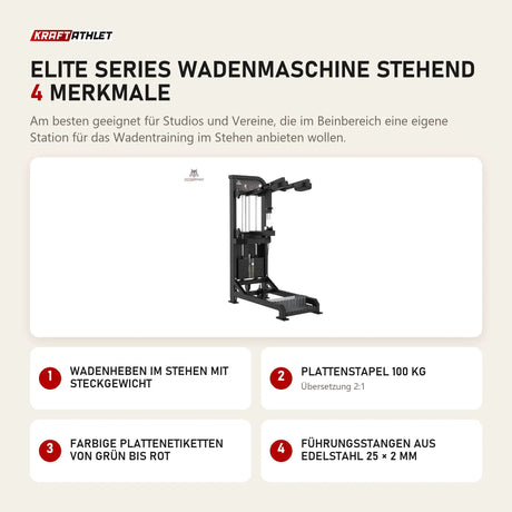 Titanium Strength Elite Series Wadenmaschine Stehend mit 4 Merkmalen: Wadenheben im Stehen mit Steckgewicht, Plattenstapel 100 kg, Farbige Plattenetiketten von Grün bis Rot, Führungsstangen aus Edelstahl 25 × 2 mm