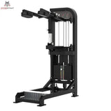 Titanium Strength Elite Series Wadenmaschine Stehend – Schrägansicht von rechts mit Schulterpolstern und Trittplatte