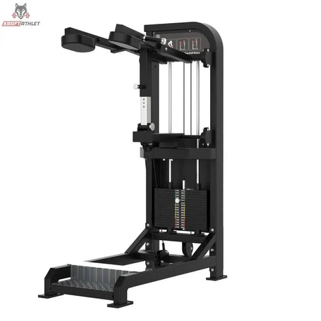 Titanium Strength Elite Series Wadenmaschine Stehend – Schrägansicht von rechts mit Schulterpolstern und Trittplatte
