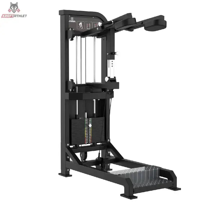 Titanium Strength Elite Series Wadenmaschine Stehend – Schrägansicht mit Schulterpolstern, Trittplatte und Gewichtsturm