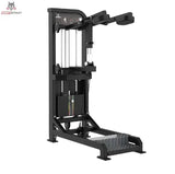 Titanium Strength Elite Series Wadenmaschine Stehend – Schrägansicht mit Schulterpolstern, Trittplatte und Gewichtsturm