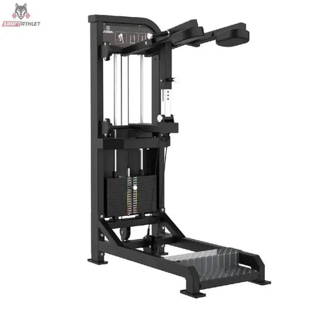 Titanium Strength Elite Series Wadenmaschine Stehend – Schrägansicht mit Schulterpolstern, Trittplatte und Gewichtsturm