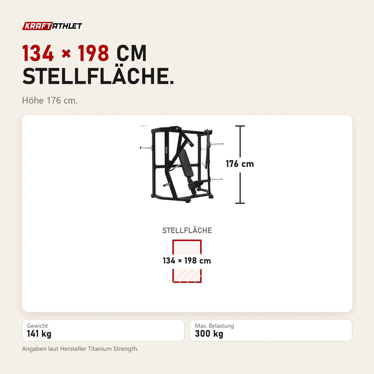 Maßbild Titanium Strength Elite Series Wide Chest Press: Stellfläche 134 × 198 cm, Höhe 176 cm
