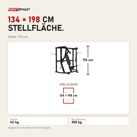 Maßbild Titanium Strength Elite Series Wide Chest Press: Stellfläche 134 × 198 cm, Höhe 176 cm