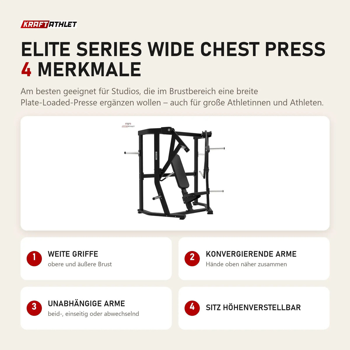 Titanium Strength Elite Series Wide Chest Press mit 4 Merkmalen: Weite Griffe, Konvergierende Arme, Unabhängige Arme, Sitz höhenverstellbar
