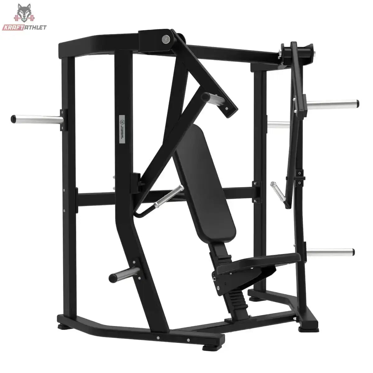 Titanium Strength Elite Series Wide Chest Press in Schrägansicht von vorn mit schwarzem Rahmen und Sitzpolster