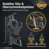 Titanium Strength Elite Series Wide IsoLateral Lat Pulldown als Infografik zu Sitz und Oberschenkelpolster für verschiedene Körpergrößen