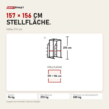 Maßbild Titanium Strength Evolution HD Power Rack RH70: Stellfläche 157 × 156 cm, Höhe 215 cm