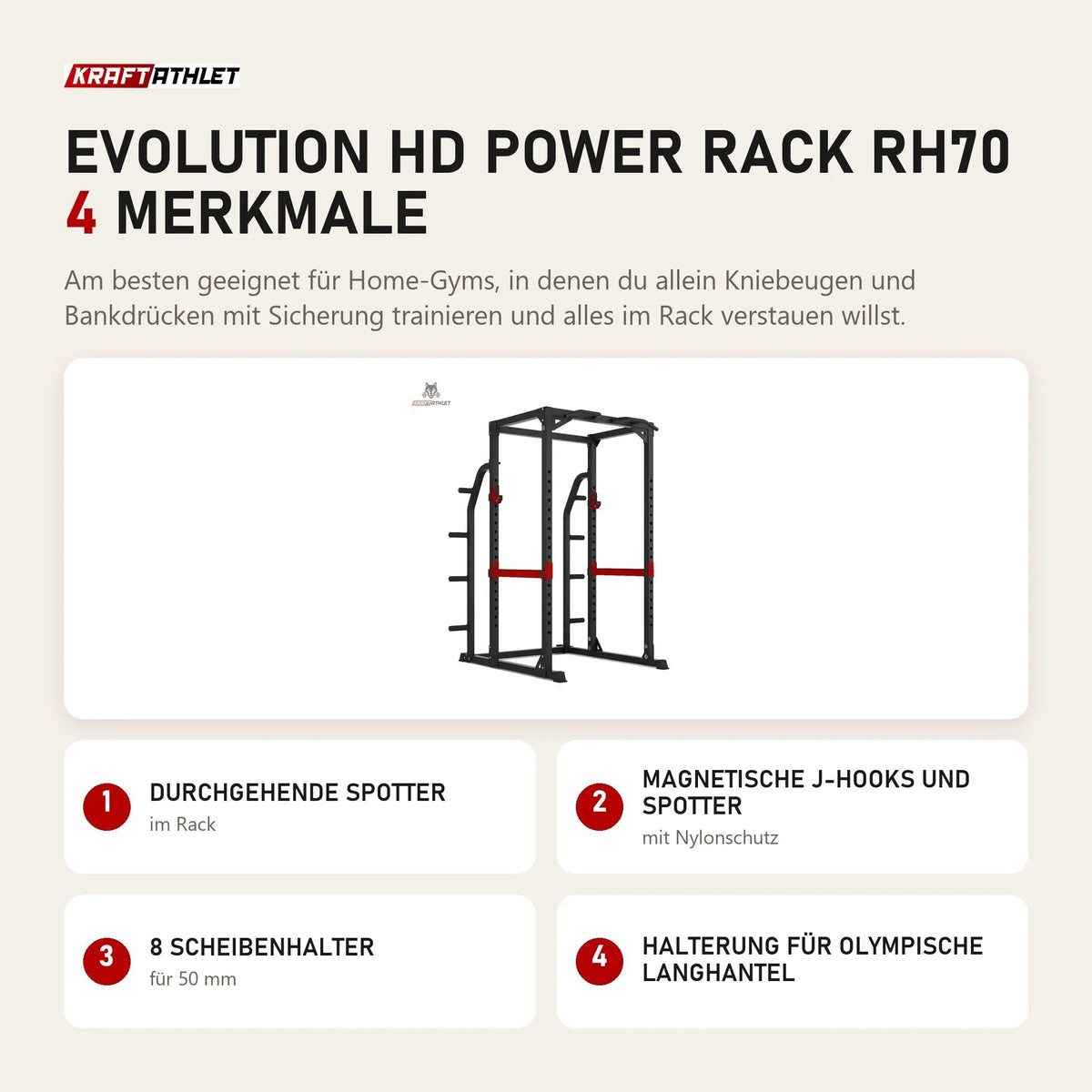 Titanium Strength Evolution HD Power Rack RH70 mit 4 Merkmalen: Durchgehende Spotter, Magnetische J-Hooks und Spotter, 8 Scheibenhalter, Halterung für olympische Langhantel