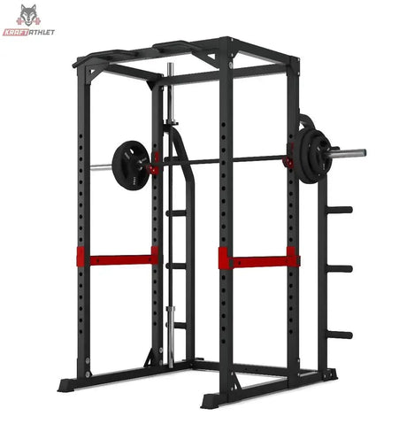 Titanium Strength Evolution HD Power Rack RH70 mit geladener Langhantel auf den Ablagen in Schrägansicht