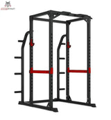 Titanium Strength Evolution HD Power Rack RH70 in Schrägansicht mit roten Sicherheitsablagen und Scheibenhaltern