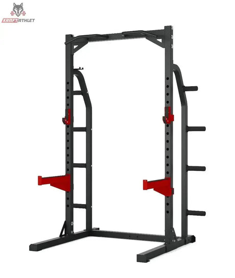 Titanium Strength Evolution Heavy Duty Half Rack RH50 ohne Hantel, Frontansicht mit roten Ablagen