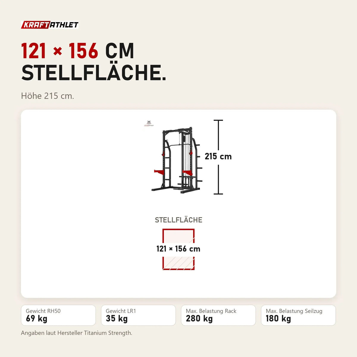 Maßbild Titanium Strength Evolution Heavy Duty Half Rack RH50 mit Latzug: Stellfläche 121 × 156 cm, Höhe 215 cm