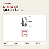 Maßbild Titanium Strength Evolution Heavy Duty Half Rack RH50 mit Latzug: Stellfläche 121 × 156 cm, Höhe 215 cm