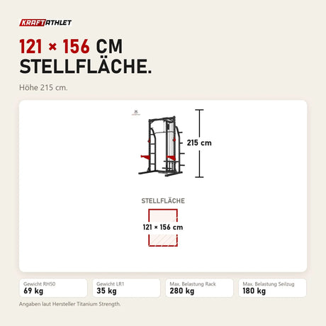 Maßbild Titanium Strength Evolution Heavy Duty Half Rack RH50 mit Latzug: Stellfläche 121 × 156 cm, Höhe 215 cm