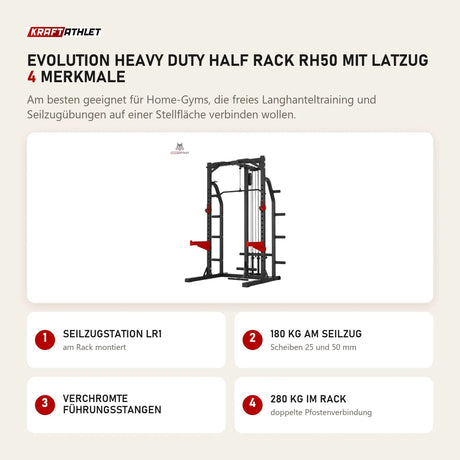 Titanium Strength Evolution Heavy Duty Half Rack RH50 mit Latzug mit 4 Merkmalen: Seilzugstation LR1, 180 kg am Seilzug, Verchromte Führungsstangen, 280 kg im Rack