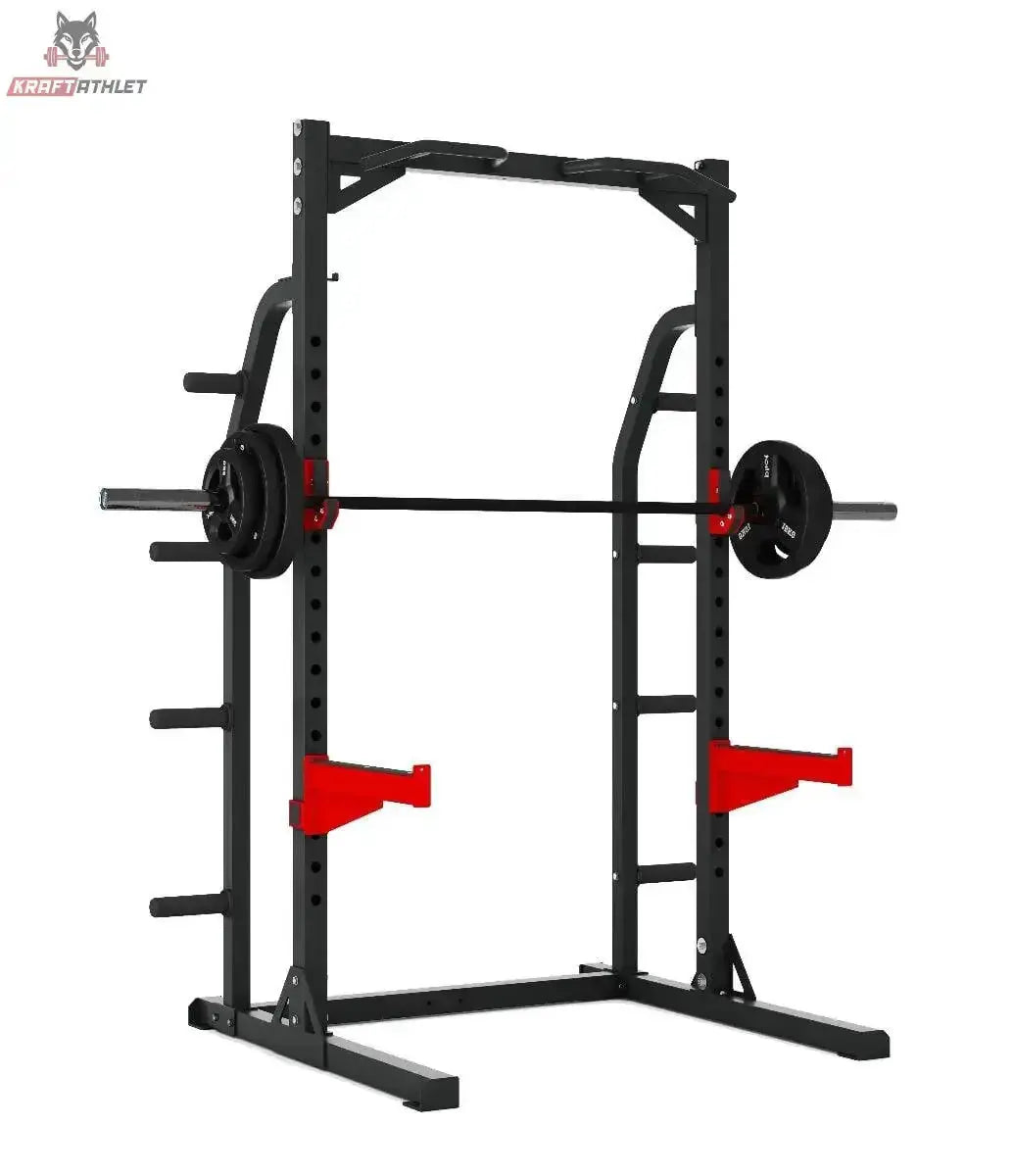 Titanium Strength Evolution Heavy Duty Half Rack RH50 mit beladener Langhantel und roten Ablagen
