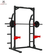 Titanium Strength Evolution Heavy Duty Half Rack RH50 mit beladener Langhantel und roten Ablagen