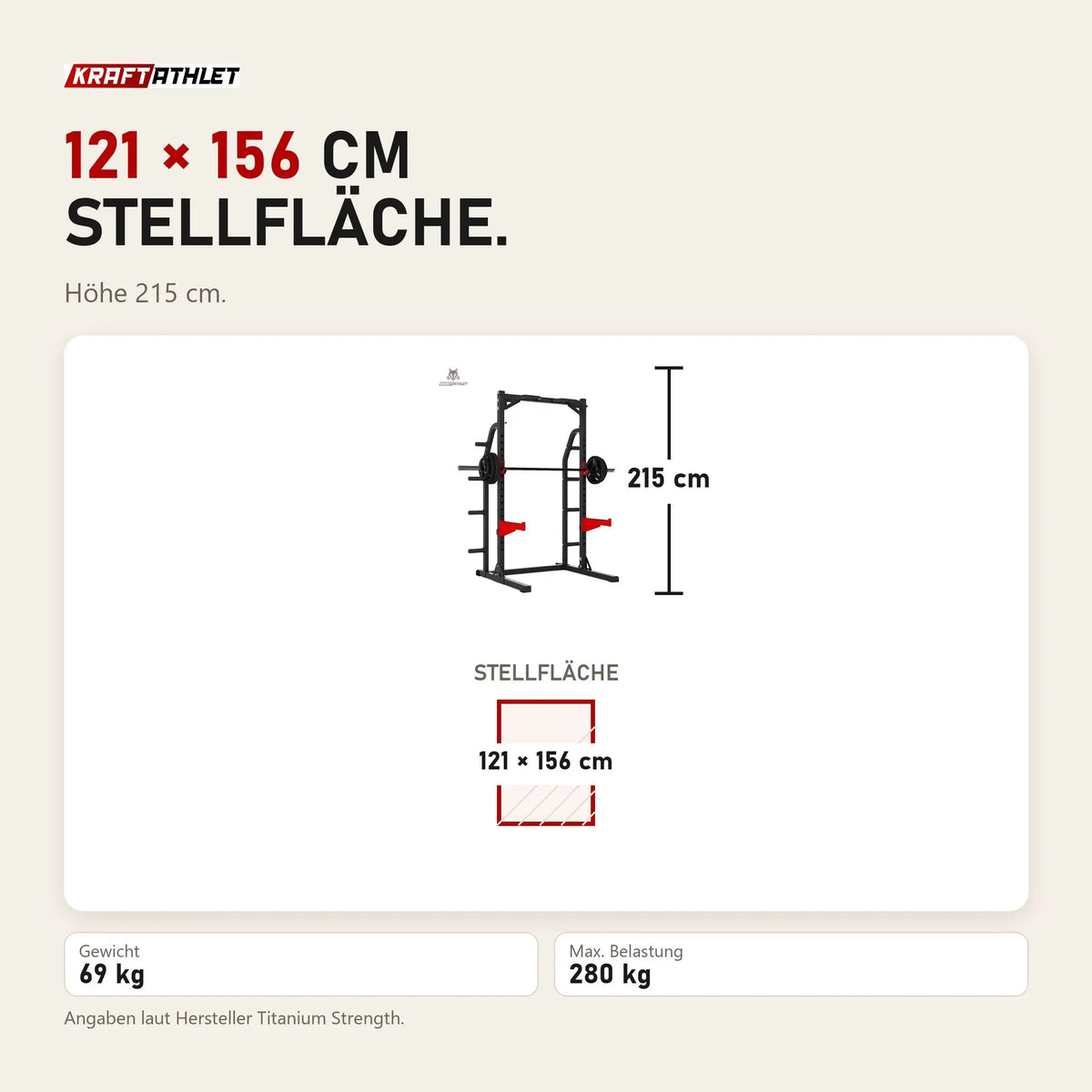 Maßbild Titanium Strength Evolution Heavy Duty Half Rack RH50: Stellfläche 121 × 156 cm, Höhe 215 cm