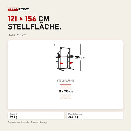 Maßbild Titanium Strength Evolution Heavy Duty Half Rack RH50: Stellfläche 121 × 156 cm, Höhe 215 cm