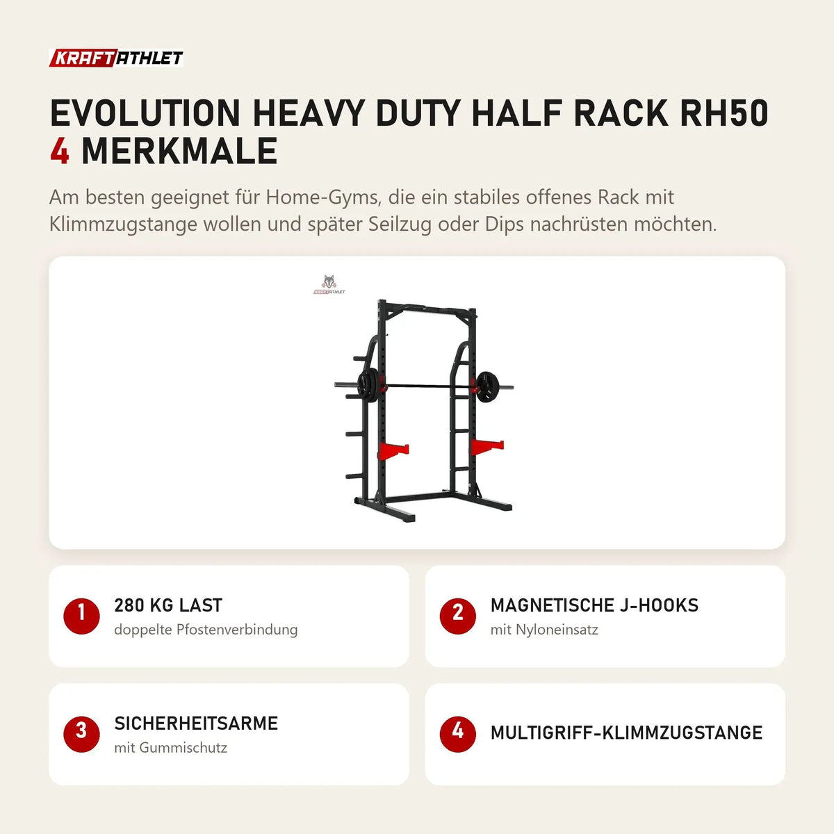Titanium Strength Evolution Heavy Duty Half Rack RH50 mit 4 Merkmalen: 280 kg Last, Magnetische J-Hooks, Sicherheitsarme, Multigriff-Klimmzugstange
