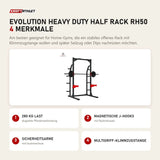 Titanium Strength Evolution Heavy Duty Half Rack RH50 mit 4 Merkmalen: 280 kg Last, Magnetische J-Hooks, Sicherheitsarme, Multigriff-Klimmzugstange