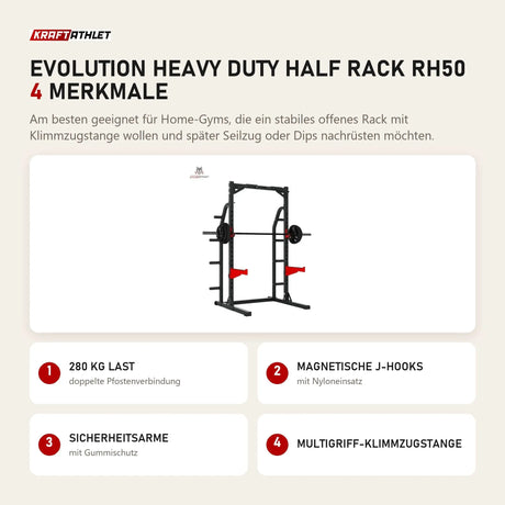 Titanium Strength Evolution Heavy Duty Half Rack RH50 mit 4 Merkmalen: 280 kg Last, Magnetische J-Hooks, Sicherheitsarme, Multigriff-Klimmzugstange
