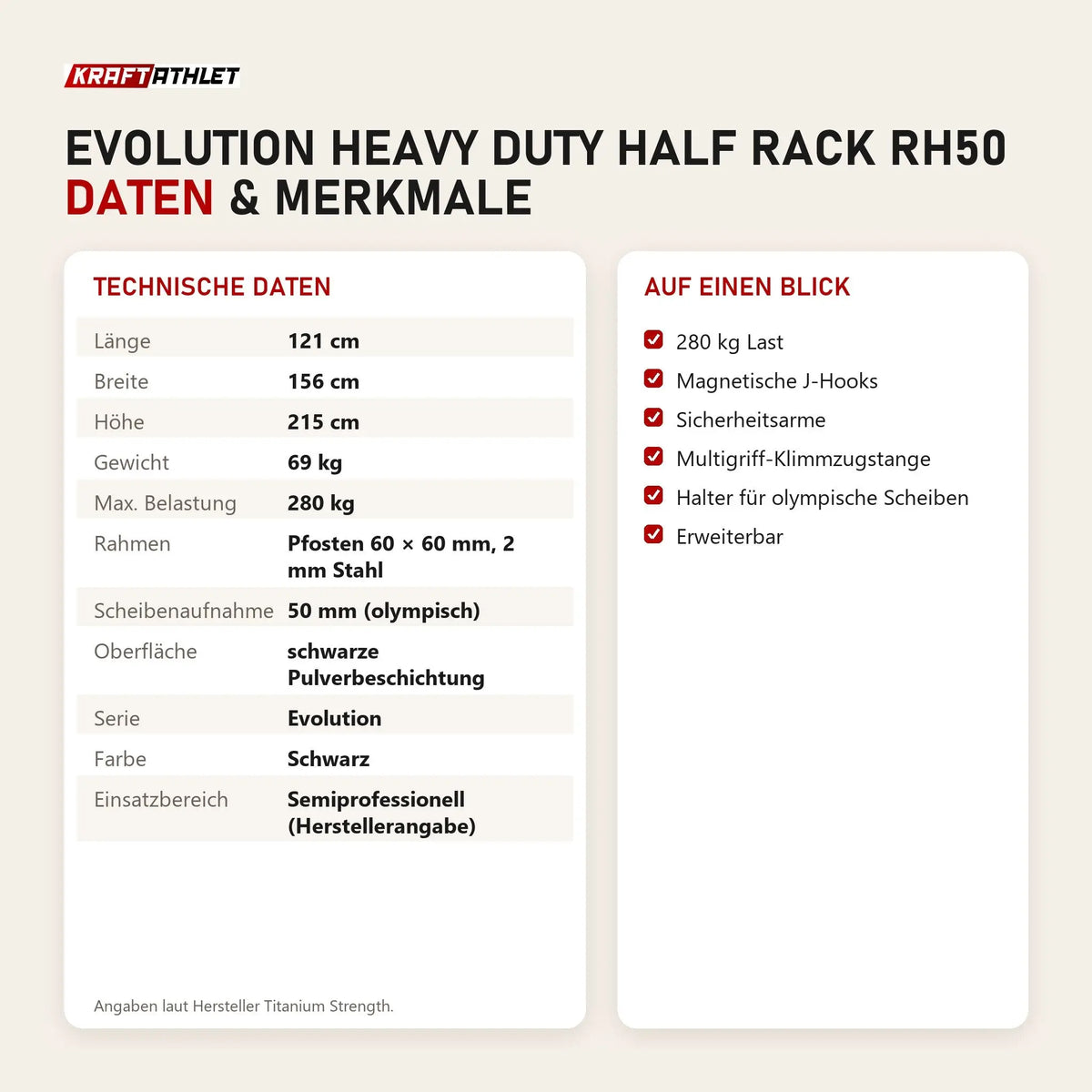Technische Daten und Merkmale von Titanium Strength Evolution Heavy Duty Half Rack RH50 als Tabelle