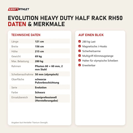Technische Daten und Merkmale von Titanium Strength Evolution Heavy Duty Half Rack RH50 als Tabelle