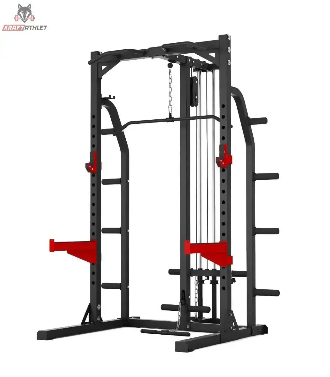 Titanium Strength Evolution Heavy Duty Half Rack RH50 mit Latzug in Schrägansicht mit Latzugturm und roten Sicherheitsablagen