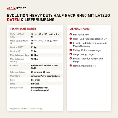 Technische Daten und Lieferumfang von Titanium Strength Evolution Heavy Duty Half Rack RH50 mit Latzug als Tabelle