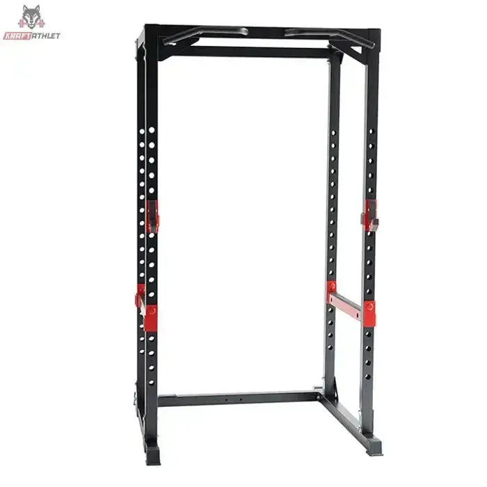 Titanium Strength Evolution Heavy Duty Power Rack RH60, Frontansicht des Rahmens mit Lochraster und roten Ablagen