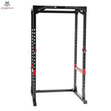 Titanium Strength Evolution Heavy Duty Power Rack RH60, Frontansicht des Rahmens mit Lochraster und roten Ablagen