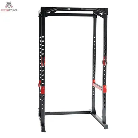 Titanium Strength Evolution Heavy Duty Power Rack RH60, Frontansicht des Rahmens mit Lochraster und roten Ablagen