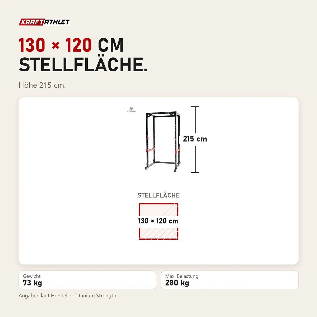 Maßbild Titanium Strength Evolution Heavy Duty Power Rack RH60: Stellfläche 130 × 120 cm, Höhe 215 cm