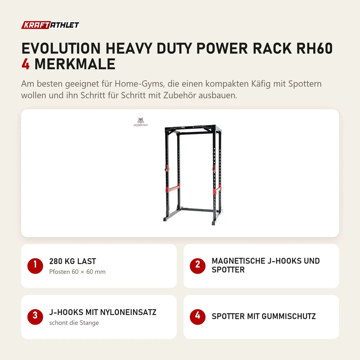 Titanium Strength Evolution Heavy Duty Power Rack RH60 mit 4 Merkmalen: 280 kg Last, Magnetische J-Hooks und Spotter, J-Hooks mit Nyloneinsatz, Spotter mit Gummischutz