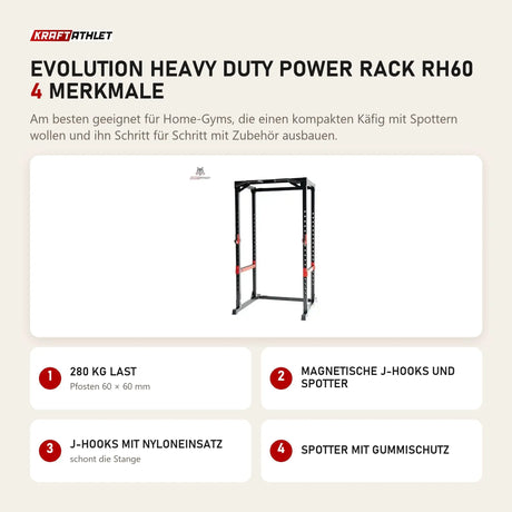 Titanium Strength Evolution Heavy Duty Power Rack RH60 mit 4 Merkmalen: 280 kg Last, Magnetische J-Hooks und Spotter, J-Hooks mit Nyloneinsatz, Spotter mit Gummischutz