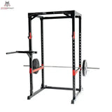 Titanium Strength Evolution Heavy Duty Power Rack RH60, Ansicht mit Dip-Griffen und aufgelegter Langhantel