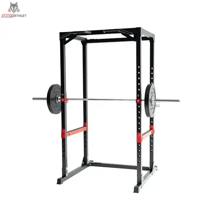 Titanium Strength Evolution Heavy Duty Power Rack RH60, Schrägansicht mit aufgelegter Langhantel und Hantelscheiben