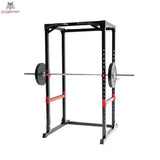 Titanium Strength Evolution Heavy Duty Power Rack RH60, Schrägansicht mit aufgelegter Langhantel und Hantelscheiben