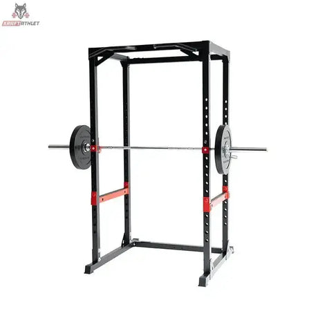 Titanium Strength Evolution Heavy Duty Power Rack RH60, Schrägansicht mit aufgelegter Langhantel und Hantelscheiben