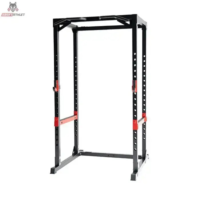 Titanium Strength Evolution Heavy Duty Power Rack RH60, Schrägansicht in Schwarz mit roten Sicherheitsablagen